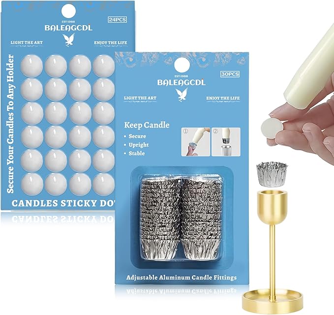 Taper Candle Fittings Set 30 Silver Bobeches & 24 White Sticky Dots for Secure Placement in Taper Candle Holders