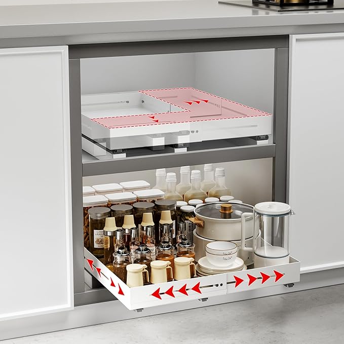 Pull Out Cabinet Organizer With Raising Pad for Framed Cabinets,Adjustable Depth(15.7"-24.4") And Width(12.8"-20.5"),Slide Out Drawers,No Drill Design,Heavy Duty Storing,White