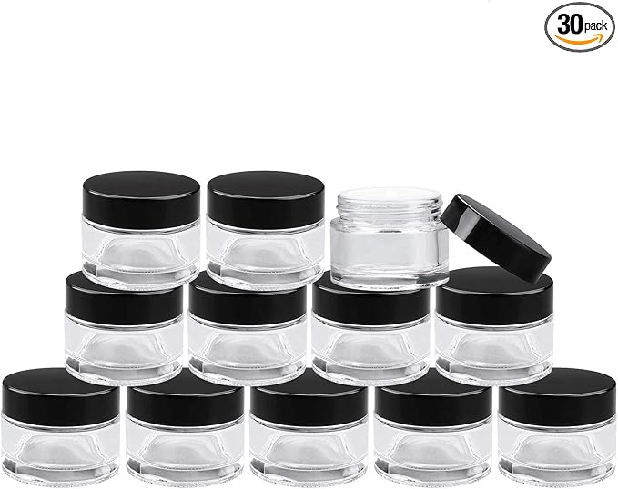 Encheng 30 Pack of 2 oz Clear Round Glass Jars,with Inner Liners and black Lids,Empty Cosmetic Containers,Cream jars