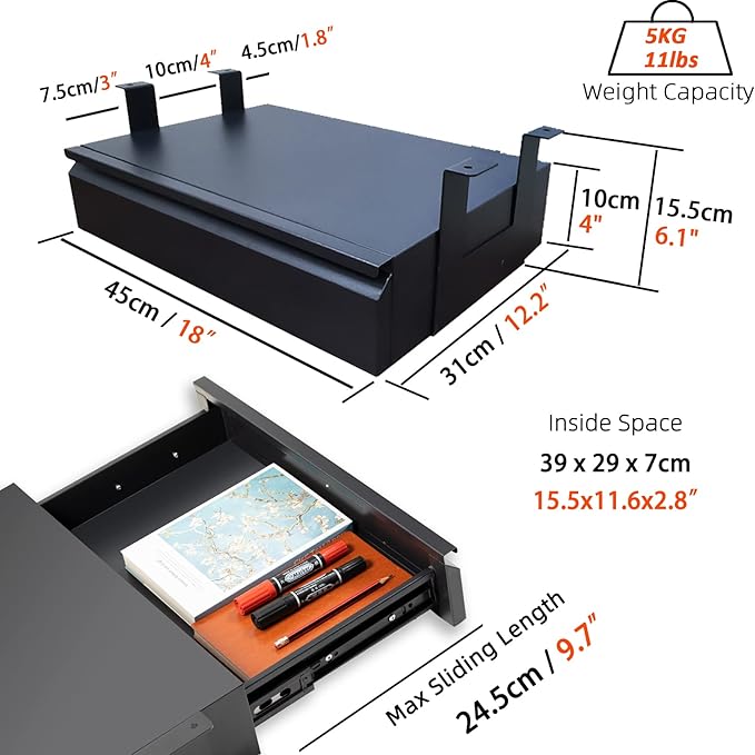 Under Desk Drawer 18", Pull-out Storage Organizer with Tall Brackets Mounted Under Wooden Table with a Max 2" Crossbar, Black_Tall Version