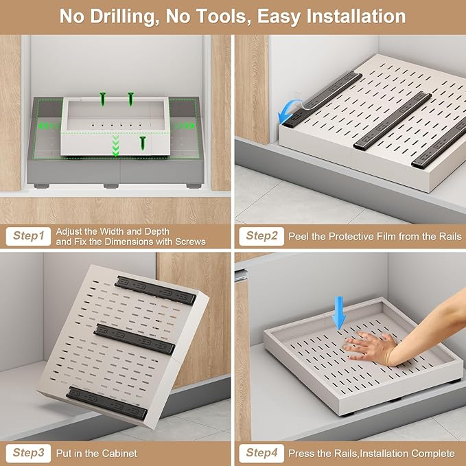 Pull out Cabinet Organizer,Width (18"-25") and Depth (10"-13") Expandable,No Drill Adjustable Slide out Drawers for Pantry,Adhesive Roll out Shelves Short,for upper cabinet,White