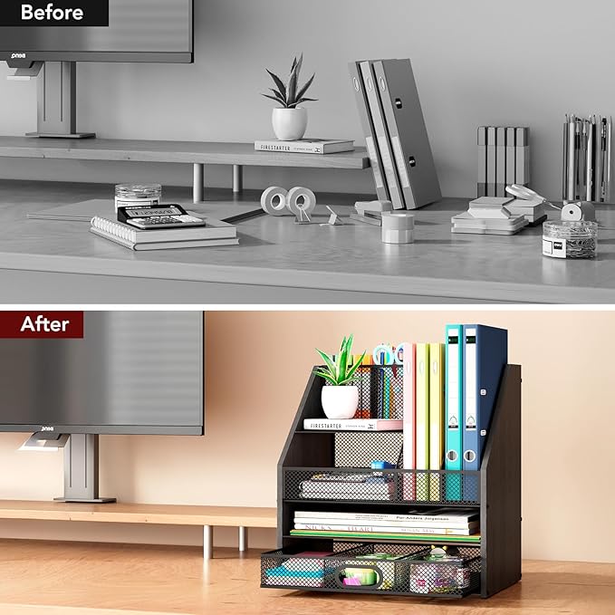 Homsorout Wooden Desk Organizer - Mesh File Organizer with Drawers and Pen Holder - 4-Tier Vertical Paper Letter Storage Tray, Desktop Organizers and Accessories for Home Office (Black