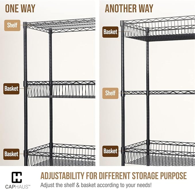 Fencer Wire NSF 2 to 4 Tier Stackable Wire Shelving Unit w/Baskets & Liner, Storage Rack Kitchen, Bathroom, Laundry Closet, Wire Shelving Basket Shelves, Storage Rack Corner Shelves, Black