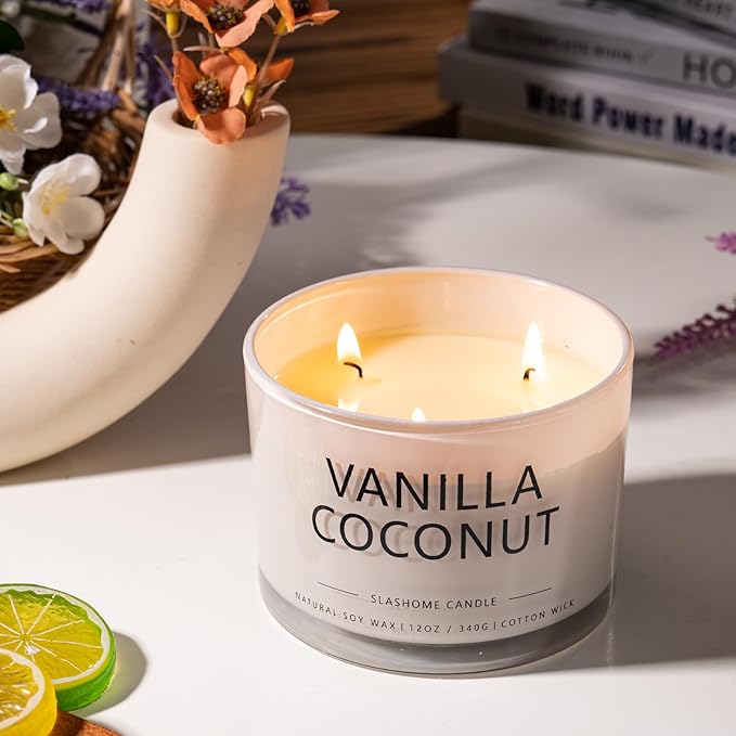 Vanilla Coconut Scented Candle, Luxury Large 3 Wick Soy Candle 12 Oz, 60+ Hour Long Lasting Clean Burn, Elegant Aromatherapy Home Decor, Valentine's Day & Housewarming & Birthday Gift for Men Women
