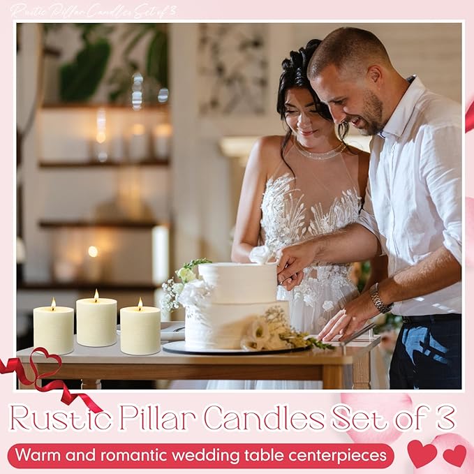 Sumind Valentine's Day Handmade 3x3 Inch Pillar Candles Set of 3, 24 Hour Long Burning Unscented Rustic No Drip Ivory Candles Hand Poured for Spring Home Decor, Weddings, Parties,Dinner,Church(White)
