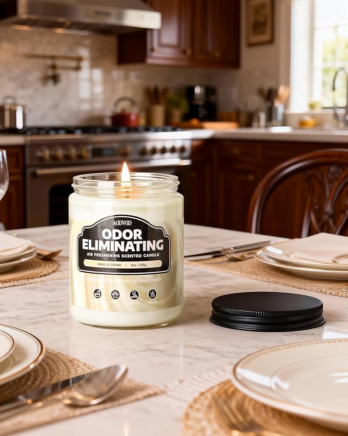 AOOVOO Vanilla Cream Odor Eliminating Highly Fragranced Candle - Eliminates 95% of Pet, Smoke, Food, and Other Smells Quickly, Non Toxic Air Freshing Soy Candle, 9 oz Up to 50 Hours Burn time