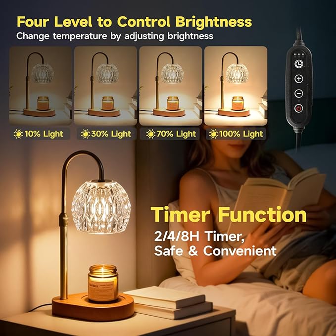 WEILASA Candle Warmer Lamp Crystal Glass Shade, Electric Candle Melter with Adjustable Wooden Bottom seat for Home Warm Home Decoration Gifts-Gold