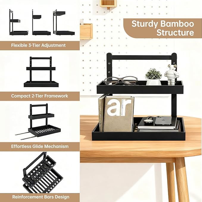2-Tier Under Sink Pull Out Organizer, Bamboo Cabinet Storage Shelf with Adjustable Height, Slide Out for Kitchen Bathroom Pantry Black