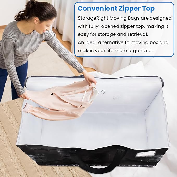 StorageRight Large Moving Bags Heavy Duty Storage Totes for Storage,Packing & Moving Collapsible Moving Supplies with Large Capacity, Reinforced Zippers and Handles, 100L, 8 Packs