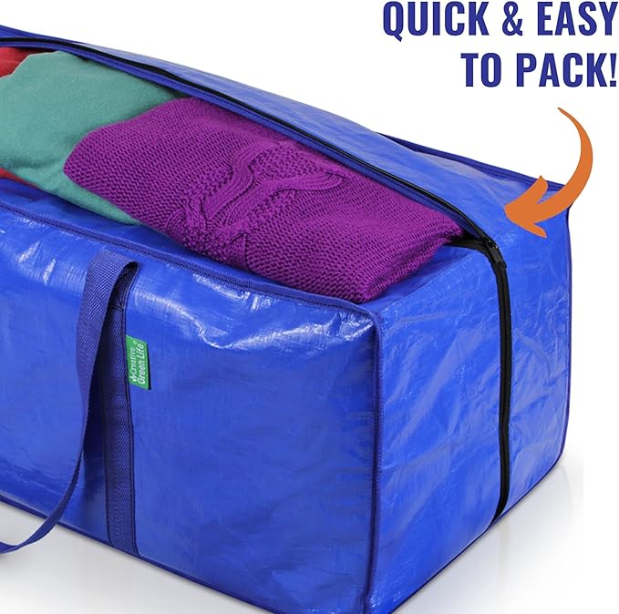 Creative Green Life Extra Large Moving Bags and Clothing Storage Bins with Strong Zipper & Carry Handles, Stackable, Heavy Duty Packing Moving Boxes for College Dorm Room Essentials (Blue, 4 Pack)