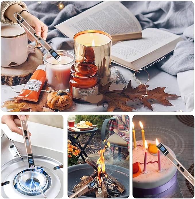 SUPRUS Candle Electric Arc Lighter Windproof Flameless USB Rechargeable Lighter with LED Light for Candle Camping BBQ Cooking (Champagne Gold)