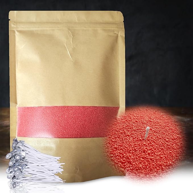 DRMAISON Pearled Candle Wax Sand DIY Kit - 17.6 oz, Watermelon Red, Non-Toxic&Smoke-Free, Refillable with 30 Wicks, Long-Lasting Flame, Highly Customizable for Wedding, Party&Holiday Decor
