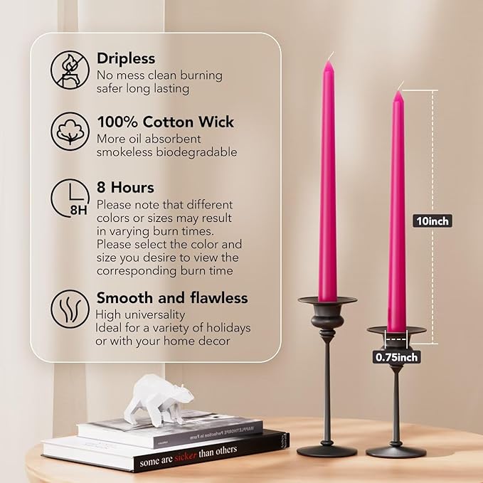 10-Inch Tall Dripless Taper Candles Set of 4 - Hot Pink Tapered Candles, Perfect for Spring - Smokeless, Unscented, Long Burning - Hand Poured, Colored Tall Candlesticks - neon Pink