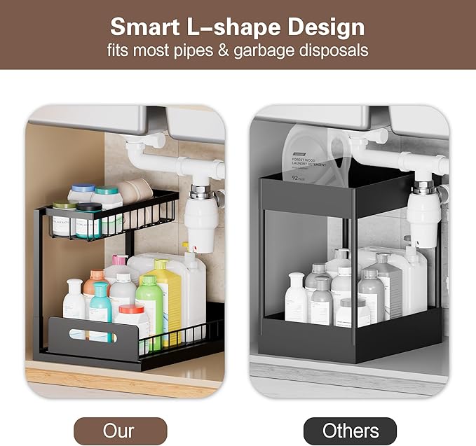 VUSIGN Under Kitchen Sink Organizer, 2 Tier Metal Slide out Sink Shelf Pull out Cabinet Organizer Drawers for Bathroom Kitchen Laundry, 2 Pack, Black