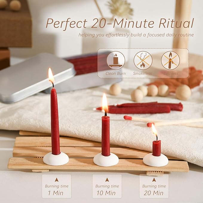 20 Minute 100% Pure Beeswax Candles, Mini Mindful Meditation Taper Candles, Smokeless & Dripless with Holder for Yoga, Prayer, Relaxation (Red,120 Pack)