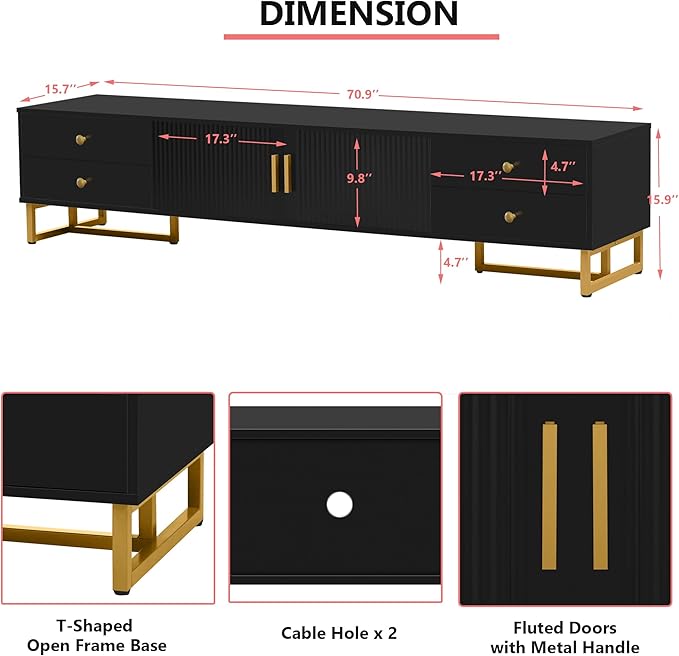 Amposei Modern TV Stand with Drawers for TVs up to 75'', Media Console Storage Cabinet Entertainment Center Furniture for Living Room Bedroom, Gold Metal Legs, 70.9-Inch, Black