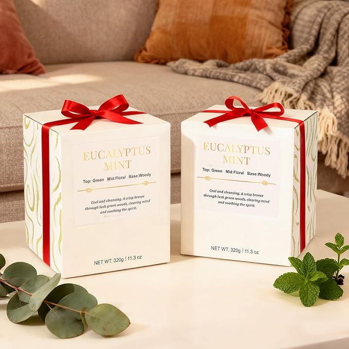 2 Pack Candles for Home Scented,Wood Wick Eucalyptus Mint Scented Candle,22.6 oz 150 Hour Long Burning Lasting, Natural Soy Wax Candles Gifts Set