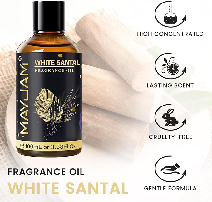 White Santal Fragrance Oil Essential Oil, MAYJAM 3.38FL.OZ White Santal Oil for Diffusers for Home, Long Lasting Scented Oils for Soap Candle Making - 100ML