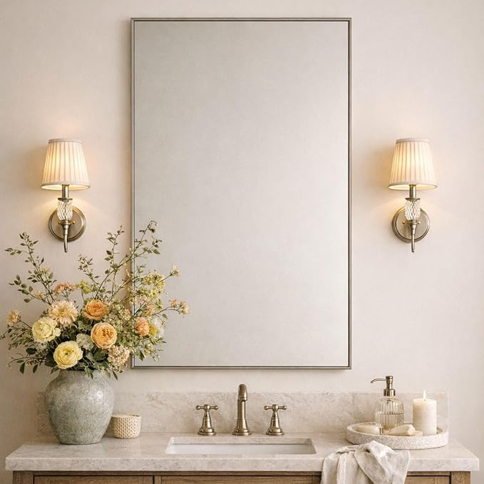 TEHOME Brushed Nickel Bathroom Vanity Mirror with Squared Corners, 20x28'' Silver Rectangle Stainless Steel Metal Framed Mirror for Bathroom