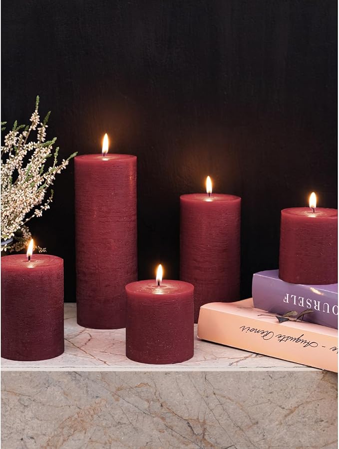 CANDWAX 3x4 inch Pillar Candles Set of 3 – Unscented Dripless Rustic Burgundy Candles for Weddings, Decor, Centerpieces