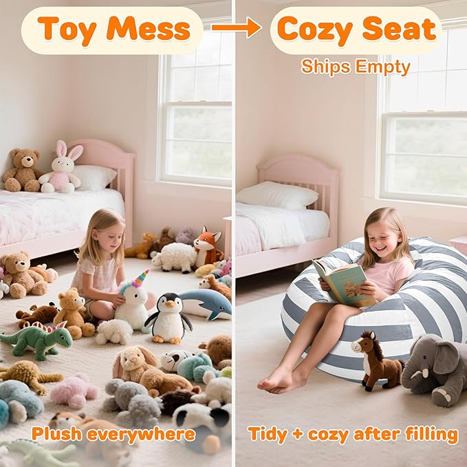 Lukeight Stuffed Animals Storage Bean Bag Chair Cover Only (Ships Empty, No Filling) - Velvet YKK Zipper Beanbag Cover for Kids and Big kids, Washable Plush Toy Organizer, X-Large 30" D x 18" H