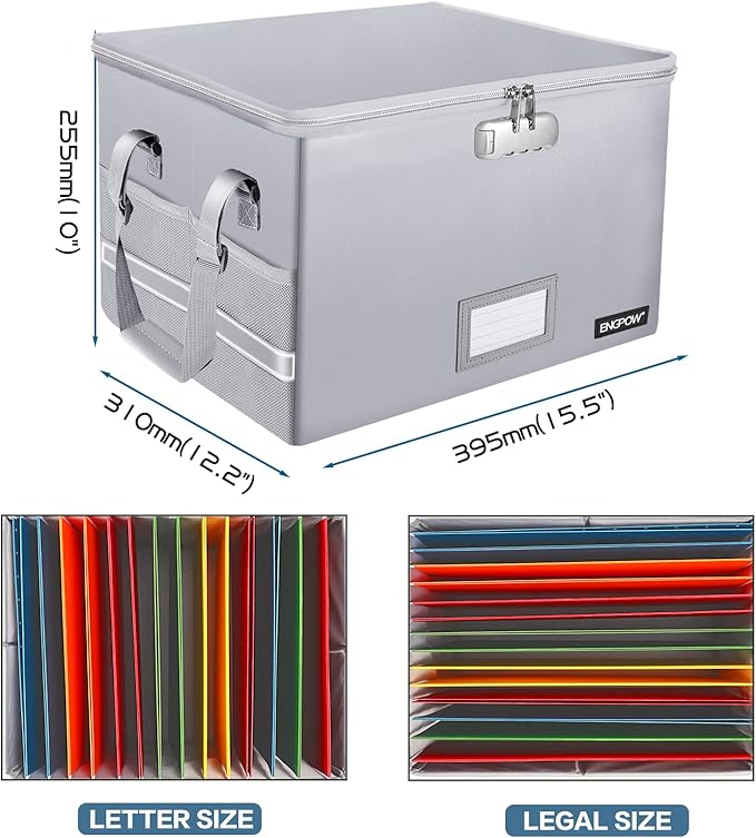ENGPOW File Box with Lock, Fireproof Document Box with Pockets, Collapsible File Organizer Filing Storage Cabinet with Handle, Portable Home Office Safe for Hanging Letter/Legal Folders,Silver,2 Pack