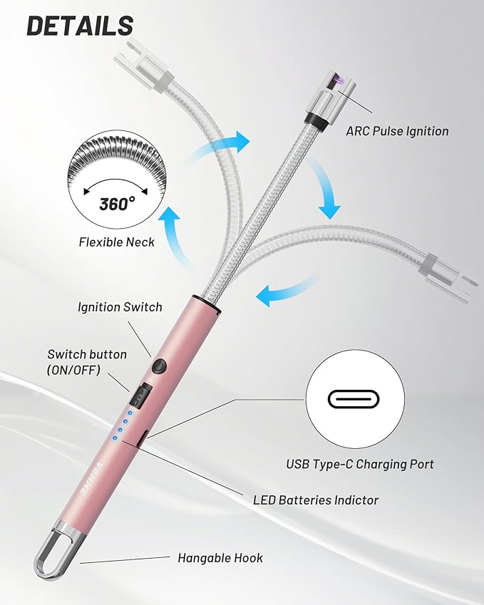 VEHHE Electric Candle Lighter, USB Rechargeable Lighters with Safety Button Lock, Flexible Neck ARC Long Lighter with LED Battery Display Windproof for Grilling Cooking Camping
