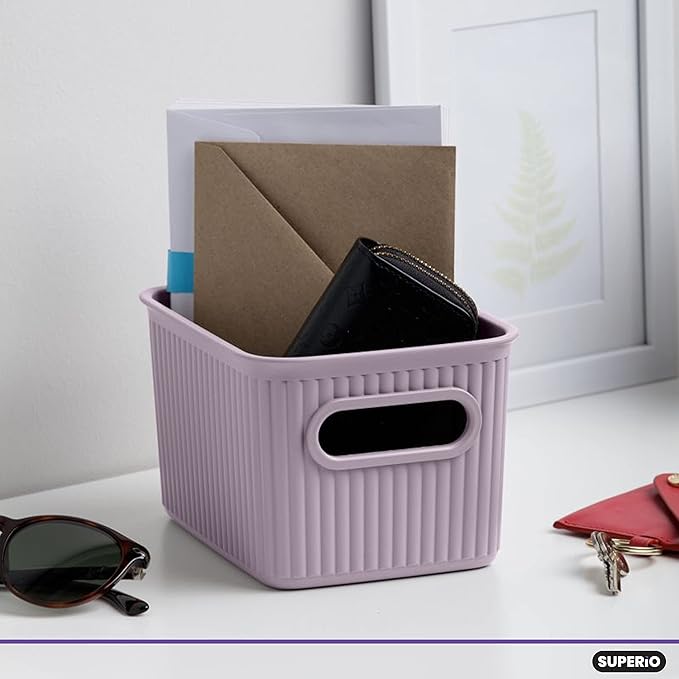 Superio Ribbed Collection - Decorative Plastic Basket Open Home Storage Bins Organizer, Small Lilac Purple (1 Pack) Container Boxes for Organizing Closet Storage Bins for Shelves 1.5 Liter