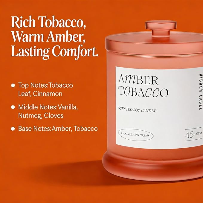 Hidden Label Amber Tobacco Scented Candle, 2 Wick Large Candles for Home Scented, 13oz Natural Soy Wax, 75Hours Long Lasting Slow Burning, Aromatherapy Candle with Reusable Glass Jar