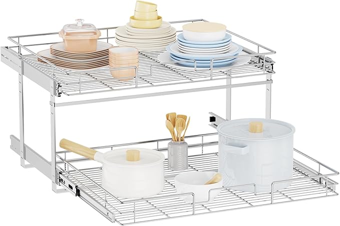 LOVMOR Individual Pull Out Cabinet Organizer, 2 Tier Slide Out Cabinet Drawers, Pots and Pans Organizer and Storage Pantry Shelf for Kitchen (31½" W x 21½" D)