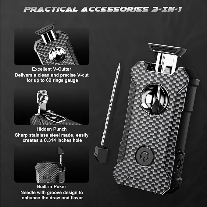 5-in-1 Torch Lighter with Cutter, Punch, Holder, and Draw Enhancer Tool, Adjustable Dual Jet Flames, Trendy Gift for Men, Refillable Butane Lighter, Rechargeable Lighters for Candle, Travel Outdoors