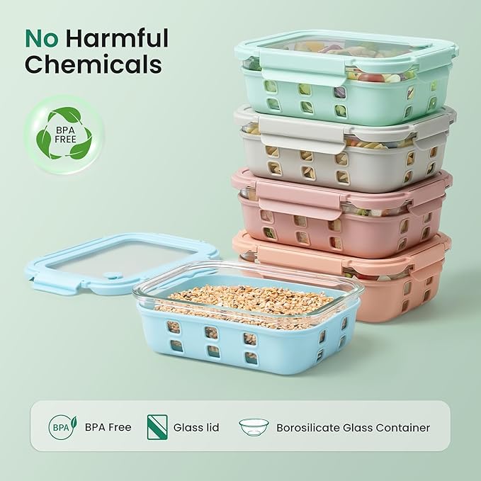 GENICOOK 4.4 Cup Glass Food Storage Containers, 5-Pack – Airtight Meal Prep Containers with Non-Slip Silicone Sleeve & Glass Lids, BPA-Free, Leakproof, Stackable