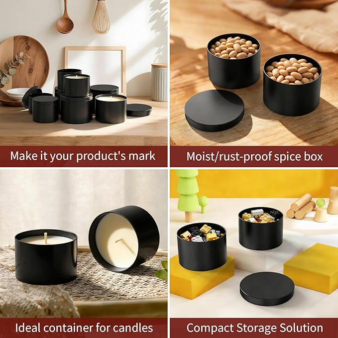 MGLIFEUL Candle Tins Jars Container Vessels for Making 4 8 Oz Black Empty Candle Tins Can Gift Box Packaging Plate with Lids Wax Container Bulk Making DIY Candle (Pure Black, 12pcs-8oz)