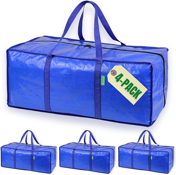 Creative Green Life Extra Large Moving Bags and Clothing Storage Bins with Strong Zipper & Carry Handles, Stackable, Heavy Duty Packing Moving Boxes for College Dorm Room Essentials (Blue, 4 Pack)