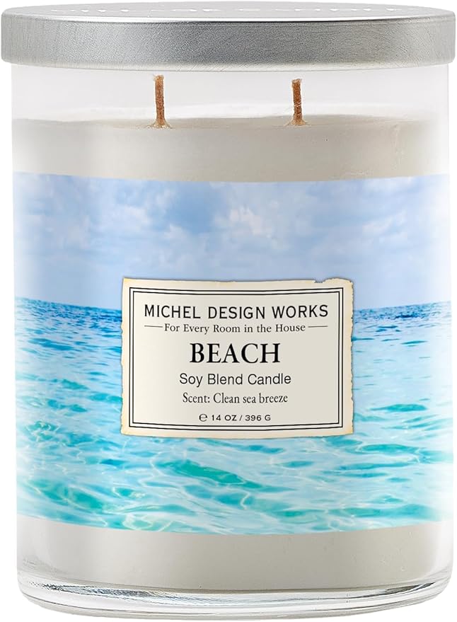Michel Design Works Beach Scented Candle, 14 oz Soy Blend Dual Wick Candle, Glass Tumbler Jar with Lid, 75 Hour Burn Time, Clean Marine Coastal Home Fragrance Gift
