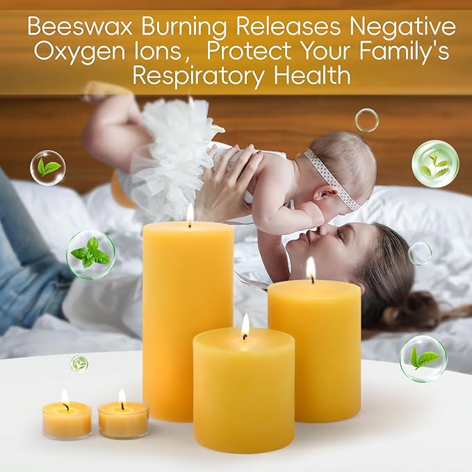 3 Pack Natural Beeswax Pillar Candles-213 Hours Long Burning,Natural Air Purifying Candle,Non-Toxic,Unscented Bees Wax Candle for Dinner Table Centerpieces,Spa,Meditation&Wellness (3x3,3x4,3x6in)