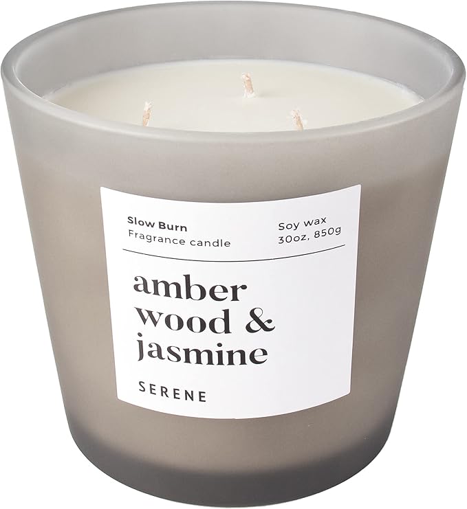 Hidden Label Amber Wood & Jasmine Scented Candle, Non Toxic 30oz Large 3-Wick Soy Wax Candle, Up to 100 Hours Slow Burn, Warm Floral Home Fragrance for Bedroom, Romance & Luxury Gift for Women