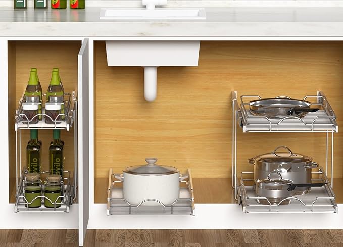 OCG Pull Out Cabinet Organizer 2 Pack (21" W x 21" D), Pull out Shelves 1 Tier, Cabinet Slide Out Shelves for Base Cabinet Organization in Kitchen Bathroom Pantry, Bottom Mount, Chrome Finish