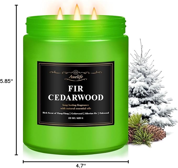 Auelife Winter Candles, Fir & Cedarwood Scented Candle – 22oz Large 3-Wick Soy Candles, Long Lasting Aromatherapy, Woodsy Christmas Candle, Holiday Gift for Women & Men