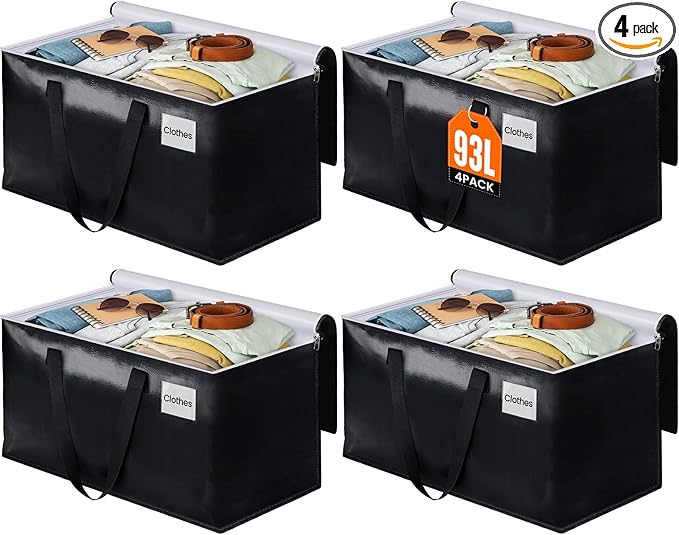 BlissTotes Moving Bags, Heavy Duty Moving Boxes with Zippers Top and Sturdy Handles, Storage Bags for Space Saving and Packing, Collapsible Moving Supplies, Storage Totes (93L, 4-Pack, Black)