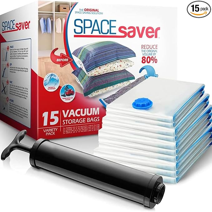 15-Pack Variety Vacuum Storage Bags for Comforters, Blankets & Clothes – Vacuum Sealed Compression Bags with Hand Pump – Space Saver Storage Bags for Bedding,Travel & Organization (3S, 4M, 4L & 4XL)