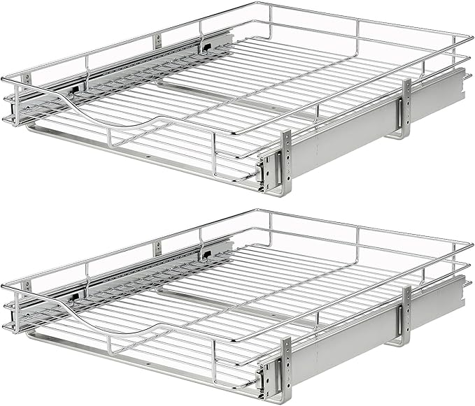 DINDON Pull Out Cabinet Organizer, (11" W x 21" D) Heavy-Duty Metal Sliding Drawer Shelf, Bathroom Under Sink Kitchen Cabinets Organizer and Storage Slide Out Shelves, Chrome, 1 Tier, 2 Pack