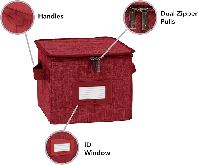 Covermates Dish Storage Box – China & Dinner Plate Storage Container with Dual Zippers, Reinforced Handles, ID Window & Stackable Structured Walls for Dishware Organization, Red Heather