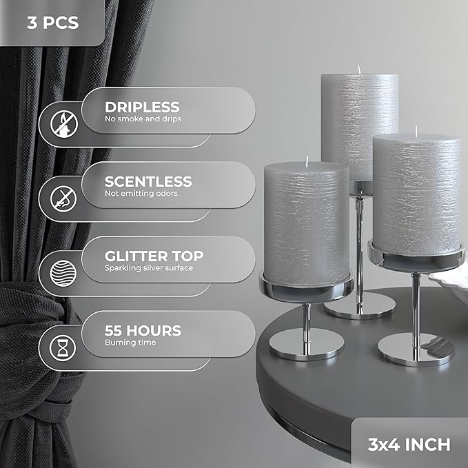 CANDWAX 3x4 inch Pillar Candles Set of 3 – Unscented Dripless Silver Candles for Event Decor, Weddings, Home Use