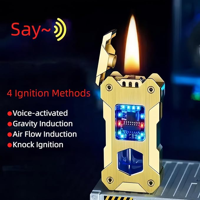 Smart Kerosene Lighter 4-Ignition Methods, Voice Activated Soft Flame Lighter, Metal Mecha Style Refillable Lighters with Cool Colorful Breathing Light (Brushed Grey, No Fuel)