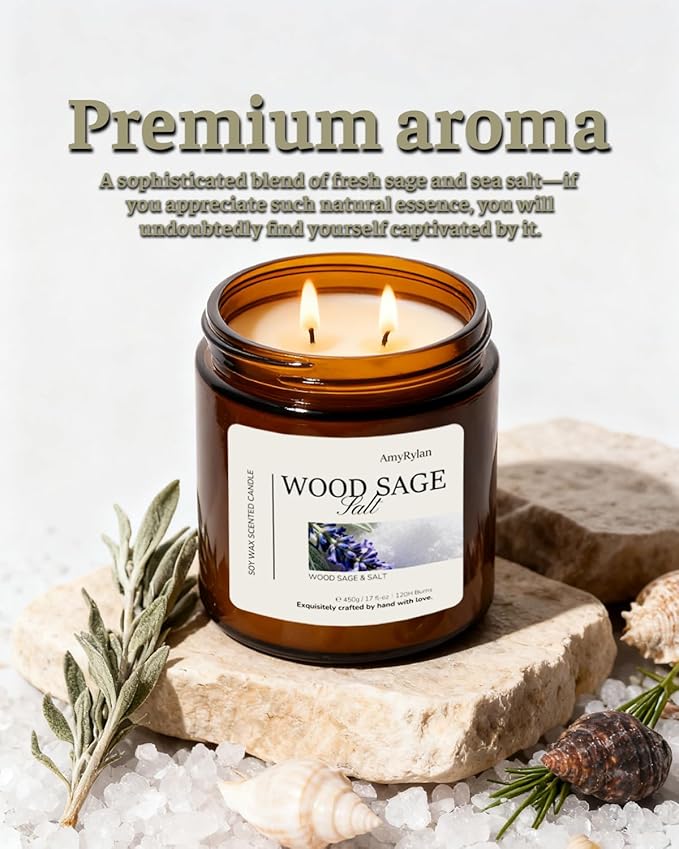 2 Wicks 17oz Large Non-Toxic Soy Wax Scented Candle, Wood Sage & Salt 120 Hours of Burn Time, Long Lasting Candle for Gift, Cost-Effective Candle for Home Fragrance, Aromatherapy