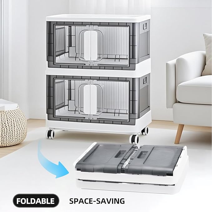 Folding Storage Organizer with Silent casters | Stackable Design for Home & Office, Heavy-Duty Plastic Storage Bin with Clear Door, 3 Sizes (19.5/23.5/27.5in),Black/White (23.6" 4 layer, White)