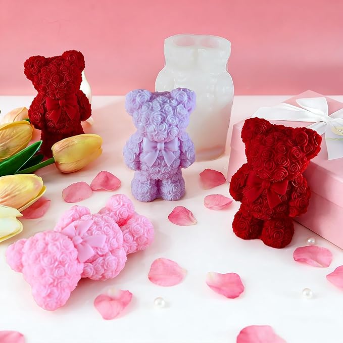 Standing Rose Bear Silicone Molds, Rose Teddy Bear Molds for Candles Making Handmade Soap Epoxy Resin Casting Home Decor Valentine/Mothers Day/Wedding/Anniversary/Birthday Gifts