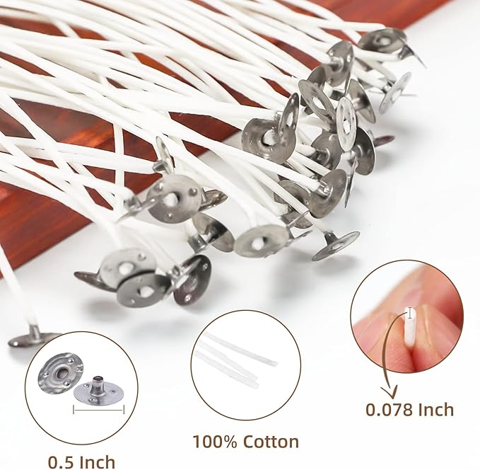 JEAWIWI Candle Wicks for Candle Making, Candle Wick 8 in 100 Pcs with 100 Pcs Wick Stickers and 10 Pcs Candle Wick Holders, Cotton Wick for Soy Wax, Beeswax, Coconut Wax