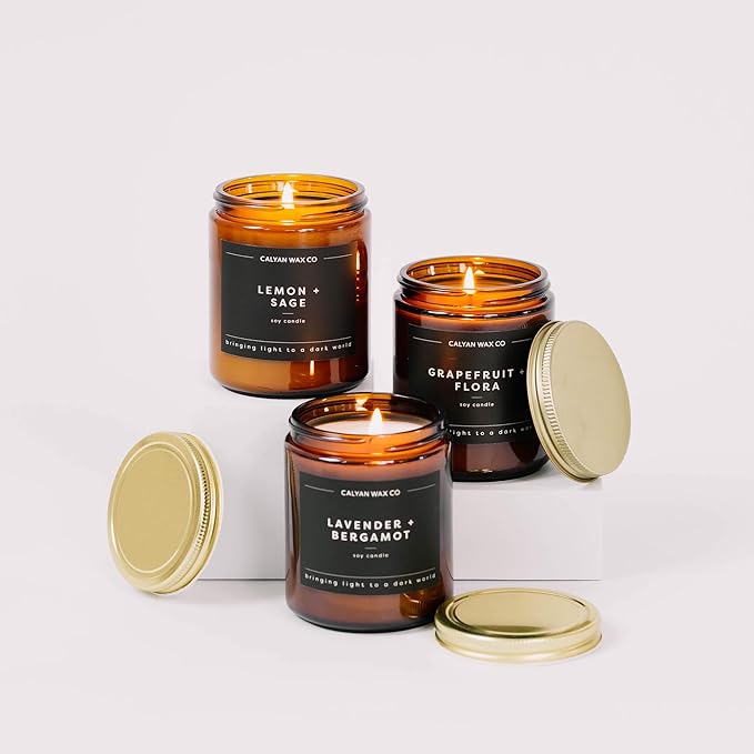 Calyan Wax Co. Lemon & Sage Scented Candle - 57 Hour Burn - Luxury Non Toxic Soy Wax Candles - Long Lasting Amber Glass Jar Candle for Home - 7.2oz